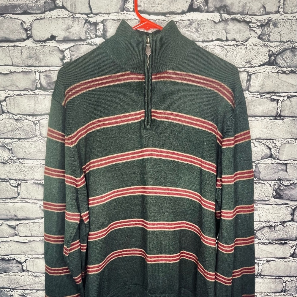 Brooks Brothers 346 Men's Large 1/4 Zip Wool Sweater Dark Green Stripe